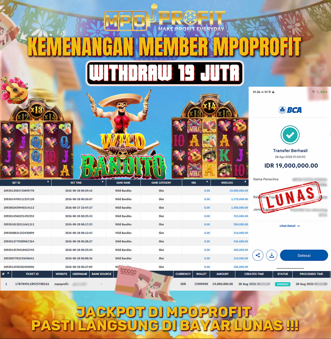 MPOPROFIT JACKPOT PGSOFT! KEMENANGAN MURNI DI (WILD BANDITO TOTAL 19.000.000,- LUNAS)